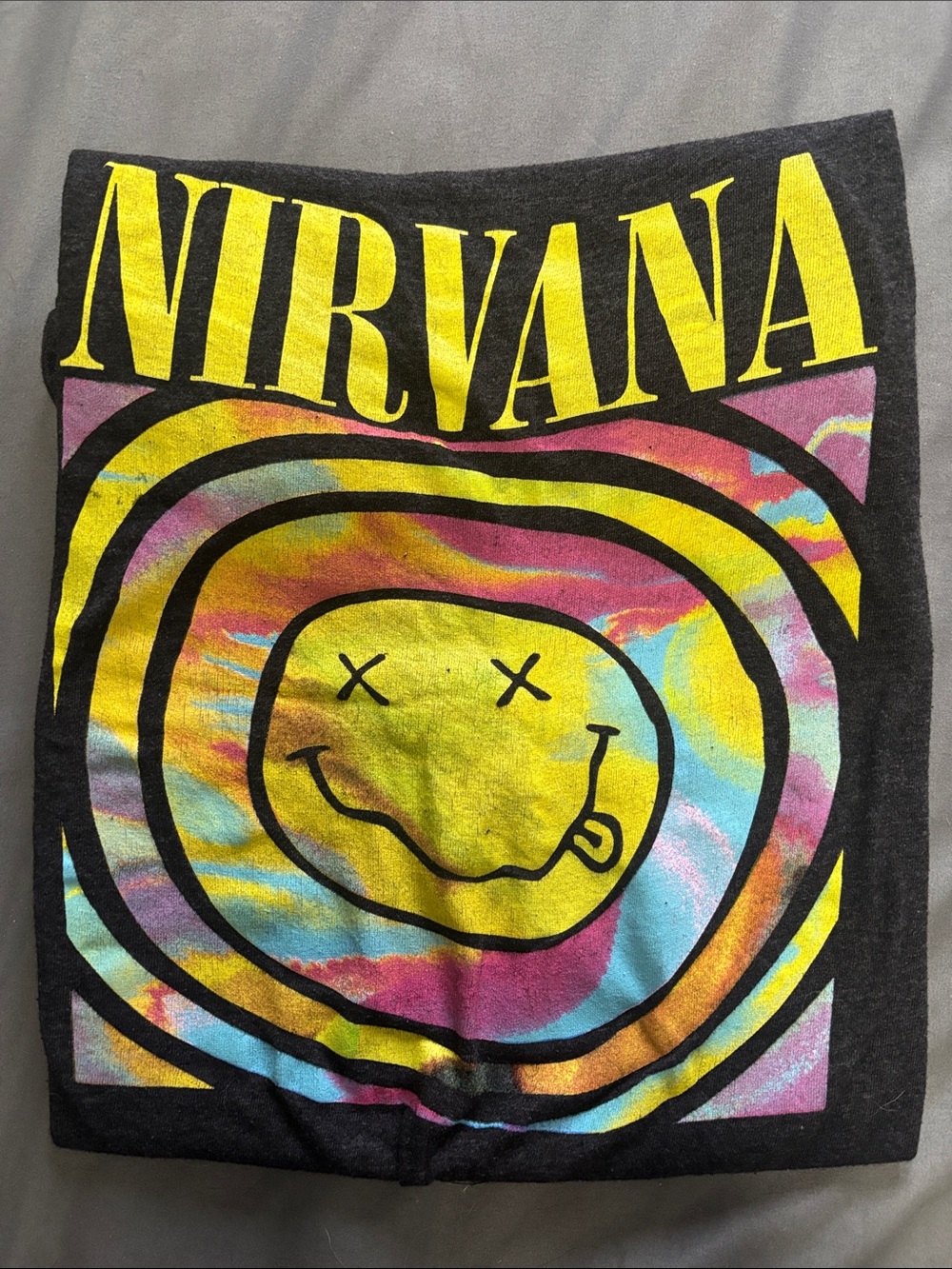 Vintage NIRVANA Black Tee with Yellow Logo & Multicolor Tie-Dye Smiley